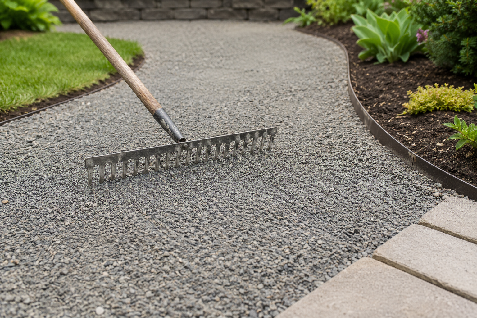 Rake smoothing gravel screenings on a garden path